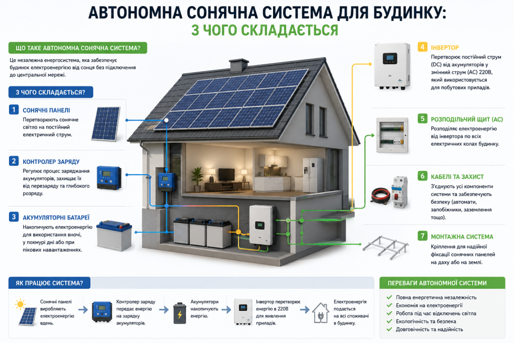 Інфографіка про автономну сонячну систему для приватного будинку — сім ключових компонентів, схема роботи від панелей до споживачів та переваги енергетичної незалежності