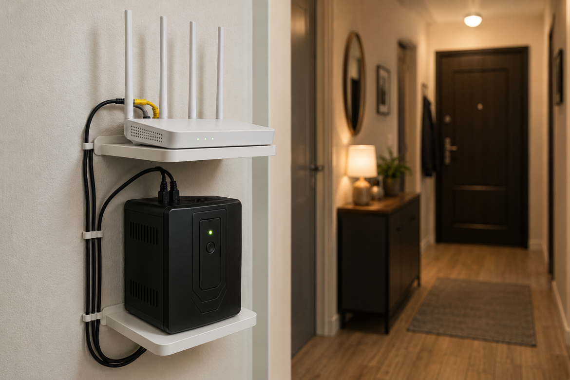 Компактний ДБЖ під Wi-Fi роутером на стіні в передпокої
