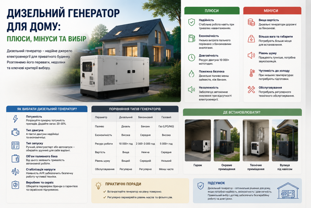 Інфографіка про переваги та недоліки дизельного генератора для будинку