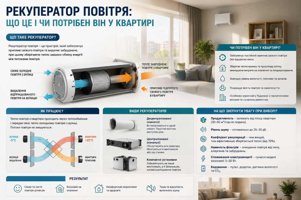 Інфографіка про принцип роботи та переваги рекуператора повітря