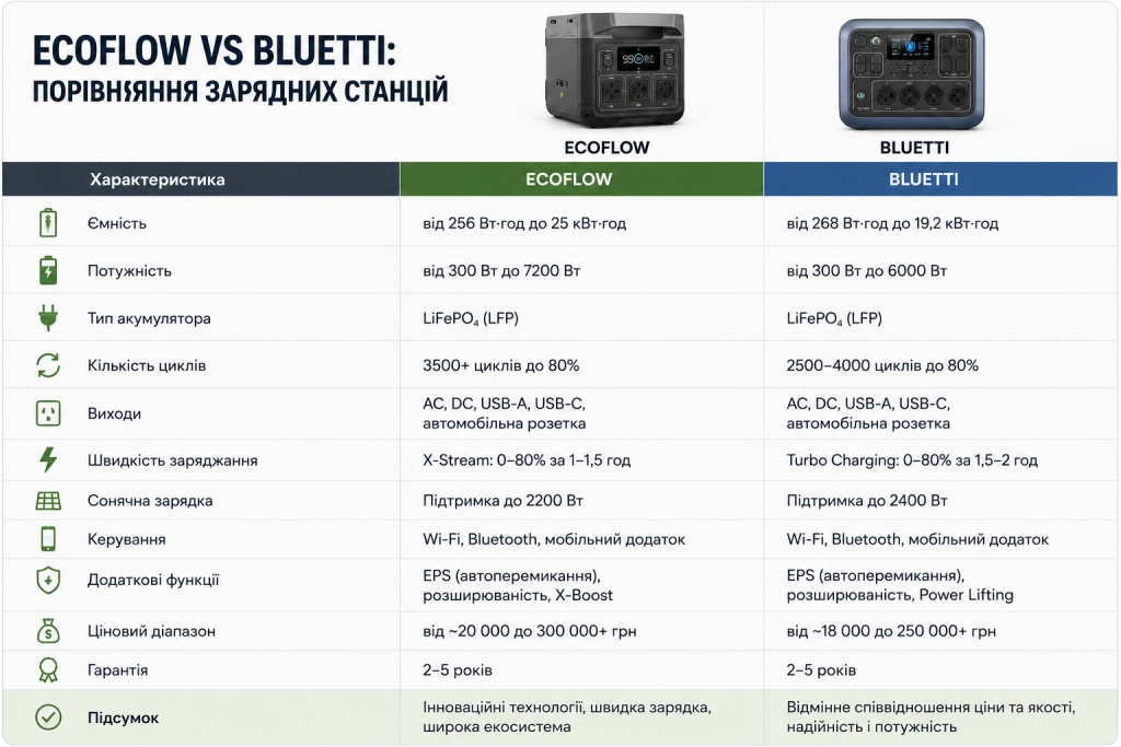 Таблиця порівняння характеристик зарядних станцій EcoFlow та Bluetti