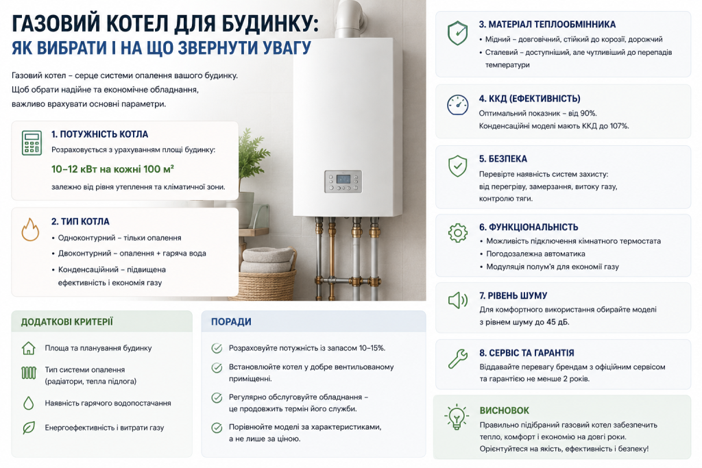 Інфографіка з критеріями вибору газового котла для дому