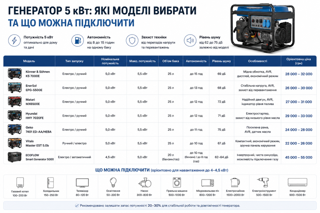 Таблиця порівняння генераторів потужністю 5 кВт для дому