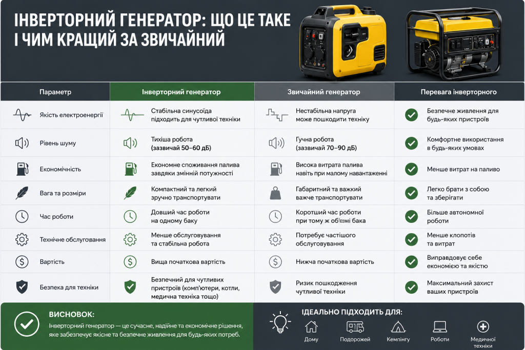 Порівняльна таблиця інверторного та звичайного генератора