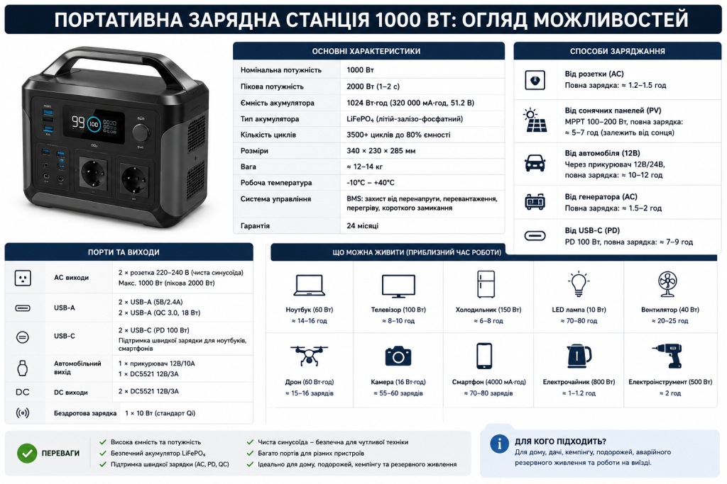 Інфографіка з характеристиками портативної зарядної станції 1000 Вт: акумулятор LiFePO4, порти USB-A, USB-C, AC виходи, способи заряджання та перелік пристроїв, які можна живити