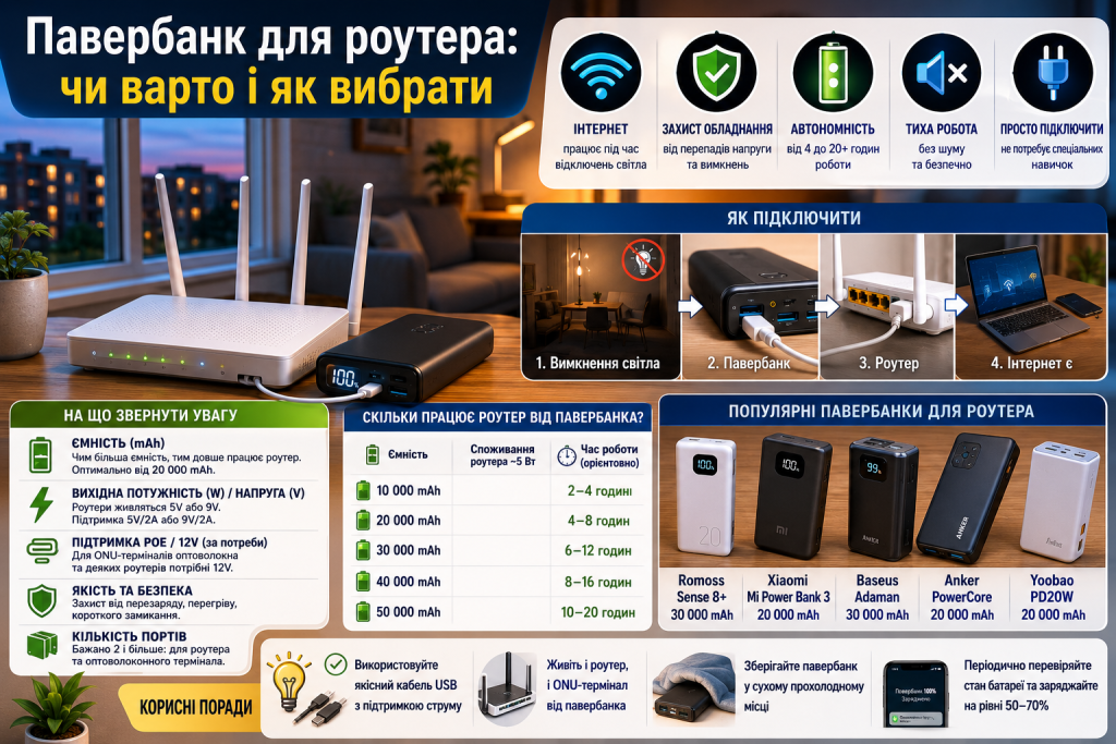 Інфографіка про використання павербанка для живлення роутера