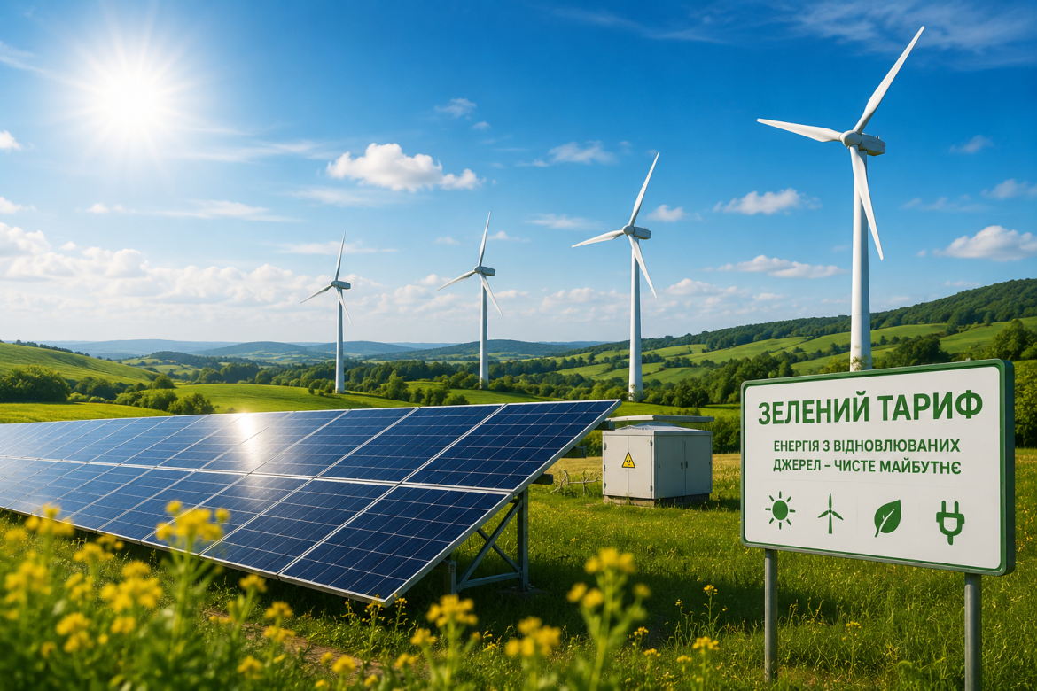 Сонячна електростанція та вітрогенератори з табличкою зеленого тарифу