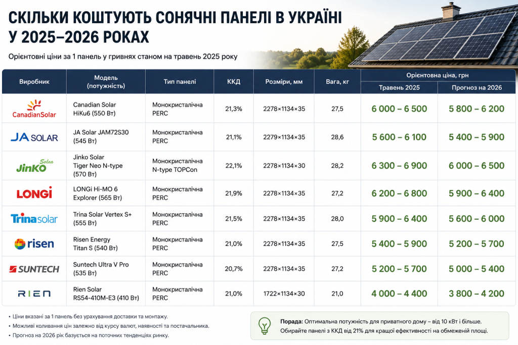 Таблиця цін на сонячні панелі різних виробників в Україні