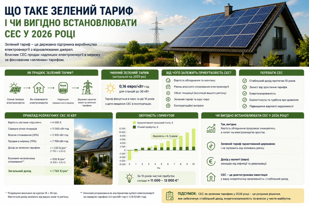 Інфографіка про зелений тариф та окупність сонячної електростанції