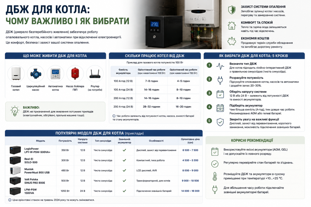 Інфографіка про вибір ДБЖ для опалювального котла
