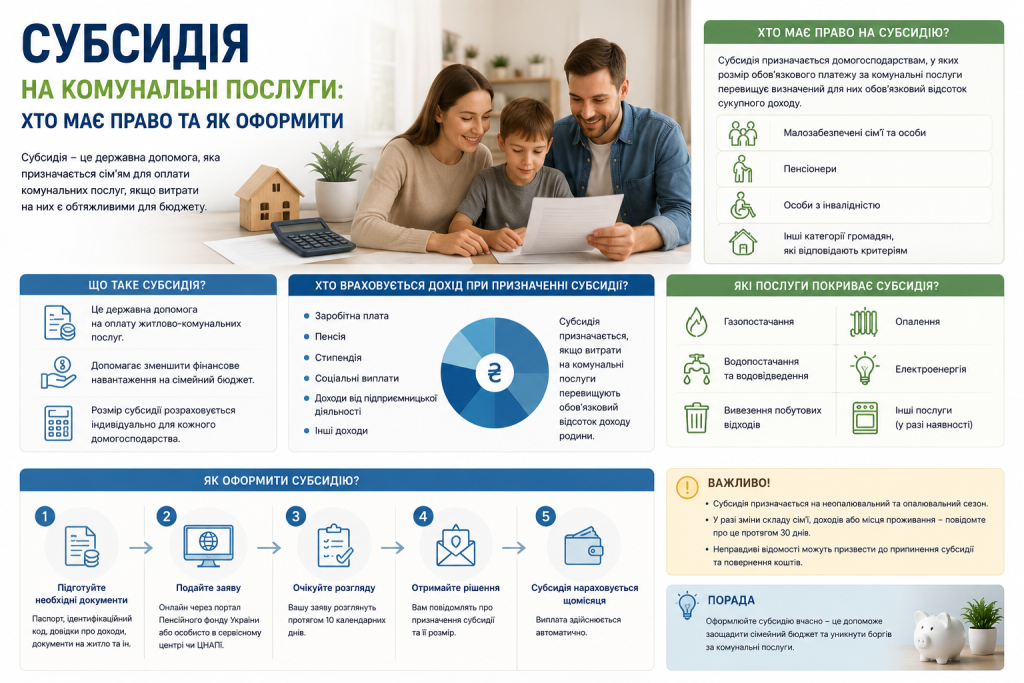 Інфографіка про порядок оформлення субсидії на комунальні послуги