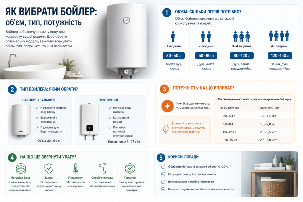 Інфографіка з порадами щодо вибору бойлера для дому
