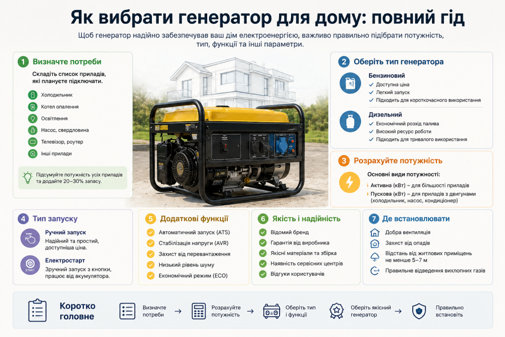Інфографіка про вибір генератора для дому - потужність, тип, функції