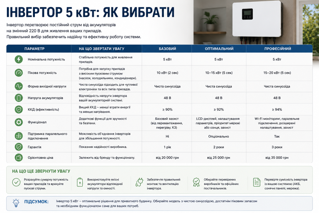Таблиця порівняння характеристик інвертора потужністю 5 кВт