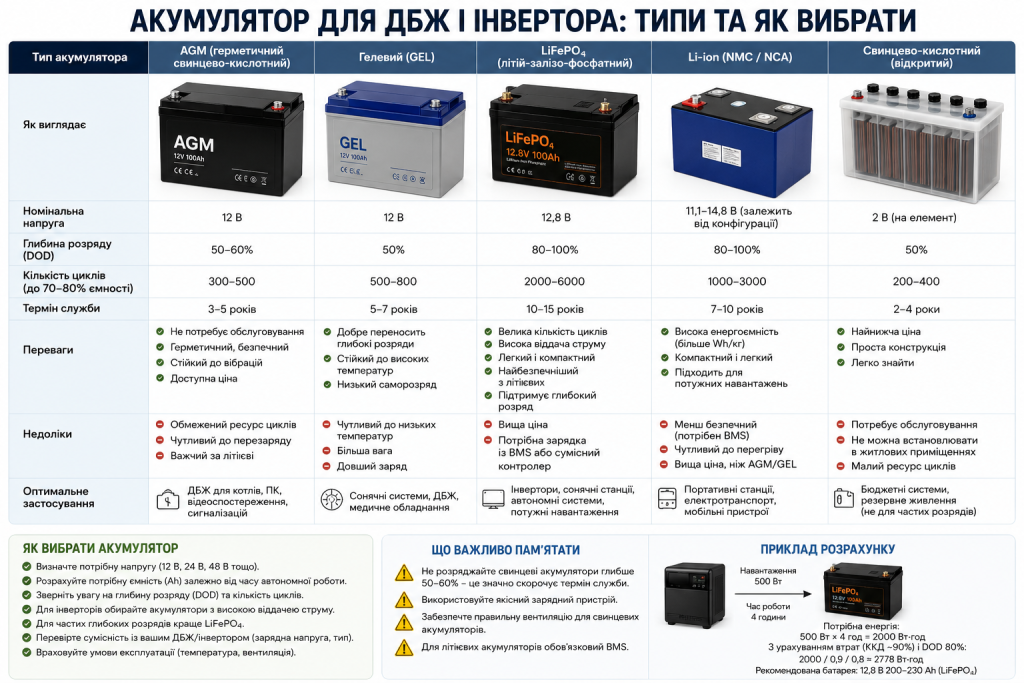 Інфографіка з порівнянням акумуляторів AGM, GEL, LiFePO4, Li-ion та свинцево-кислотних моделей.