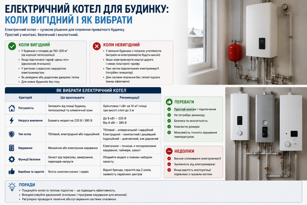 Інфографіка про електричні котли для приватного будинку: переваги, недоліки, критерії вибору, потужність, типи котлів, безпека та рекомендації щодо встановлення.