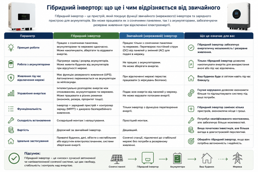 Порівняльна таблиця гібридного та звичайного мережевого інвертора для сонячних панелей