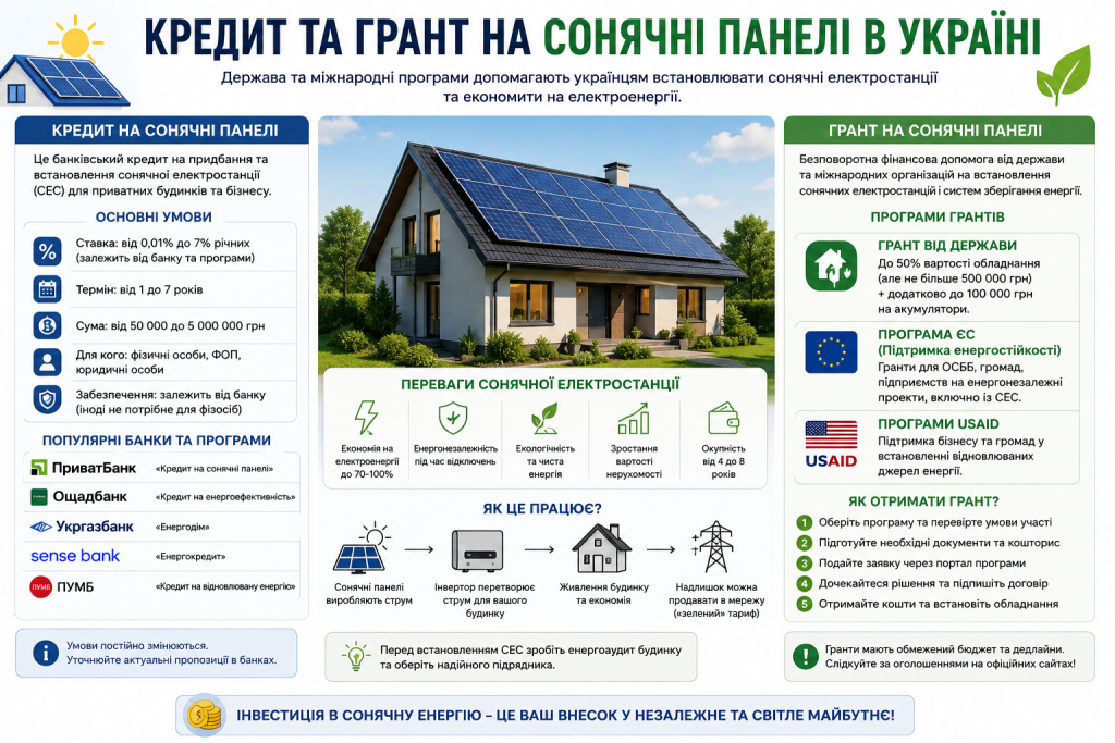 Інфографіка про умови кредитування та грантові програми на встановлення сонячних панелей в Україні