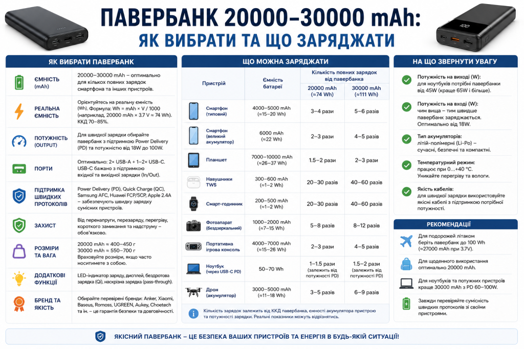 Інфографіка з порівнянням характеристик павербанків 20000 та 30000 мАг та таблицею заряджання пристроїв