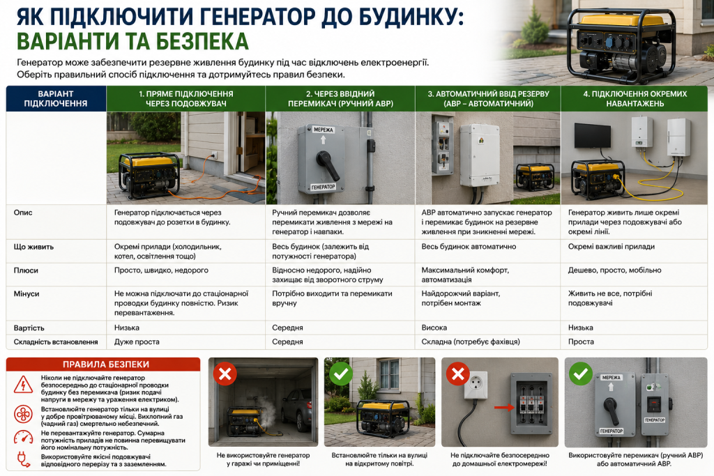 Інфографіка про безпечні способи підключення генератора до приватного будинку.