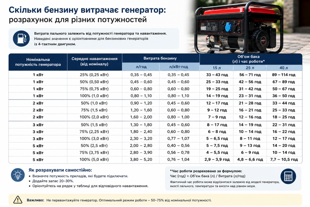 Таблиця витрати бензину бензиновим генератором залежно від потужності та навантаження