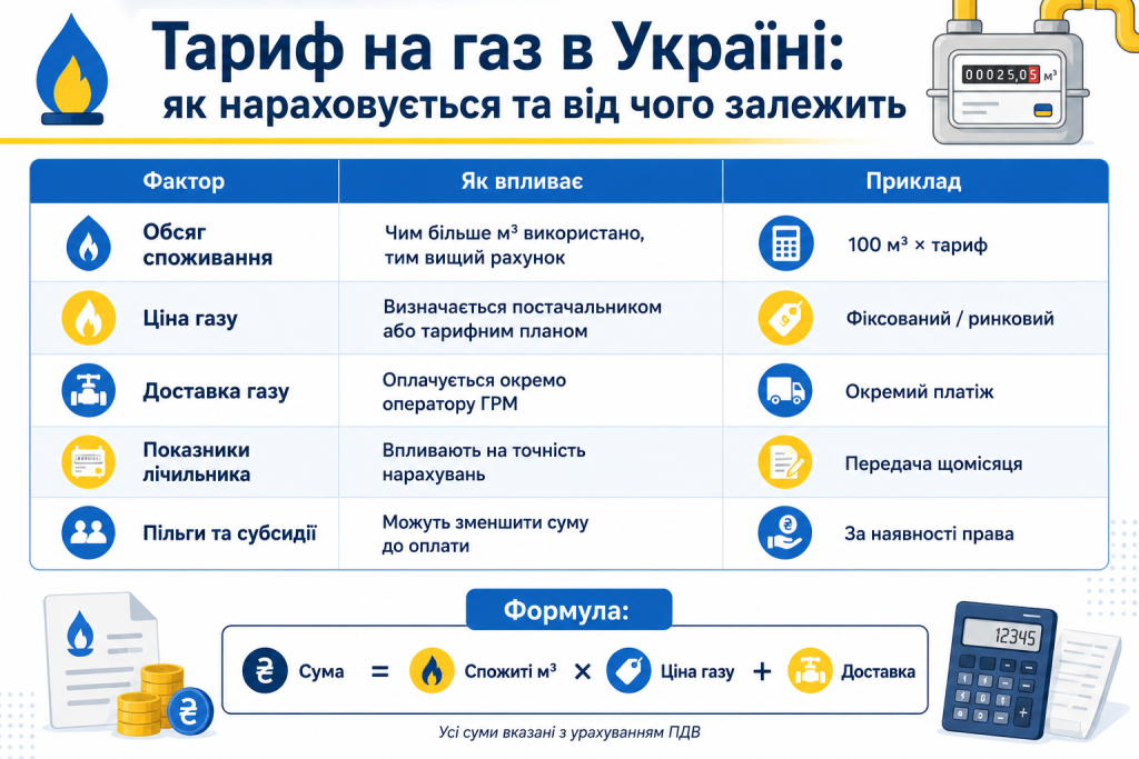 Інфографіка з факторами нарахування тарифу на газ в Україні та формулою розрахунку