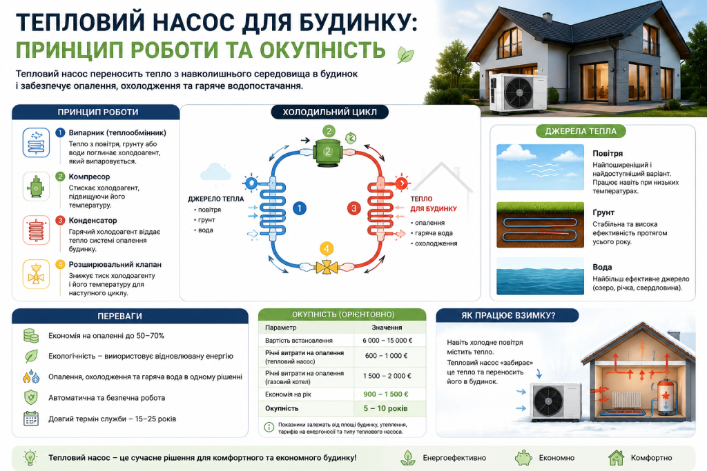 Інфографіка з принципом роботи теплового насоса та термінами окупності
