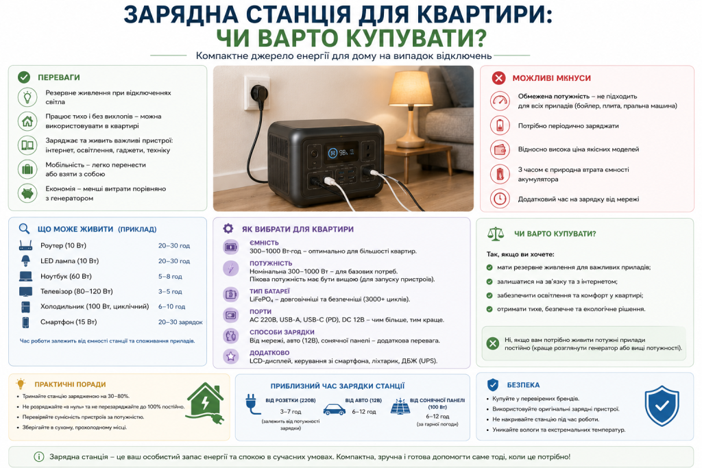 Інфографіка про портативну зарядну станцію для квартири, її можливості, характеристики та рекомендації щодо вибору.