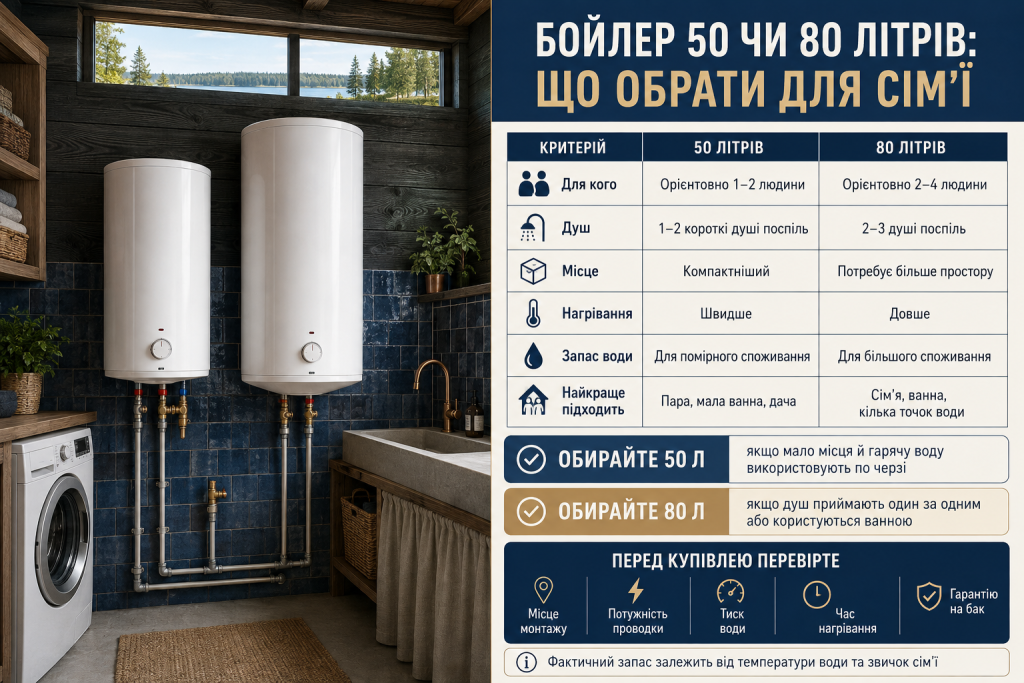 Інфографіка з порівнянням бойлерів на 50 і 80 літрів за місткістю, нагріванням, розмірами та кількістю користувачів