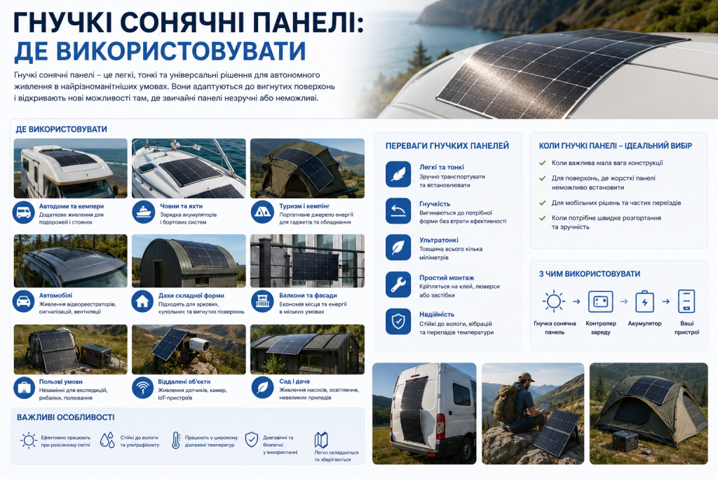 Інфографіка про застосування гнучких сонячних панелей для авто, кемперів, човнів, туризму та автономного живлення