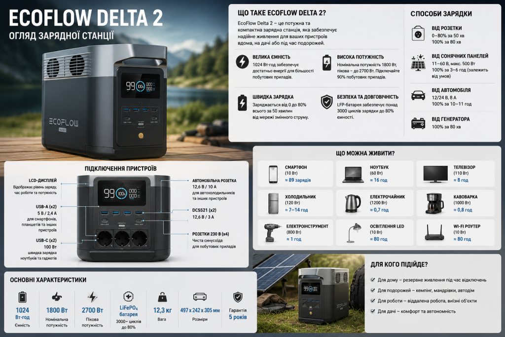 Інфографіка EcoFlow Delta 2 з характеристиками, способами заряджання, портами та прикладами автономної роботи техніки.