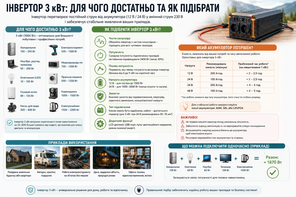 Інфографіка про вибір інвертора потужністю 3 кВт, підбір акумулятора, навантаження та приклади підключення побутових приладів.