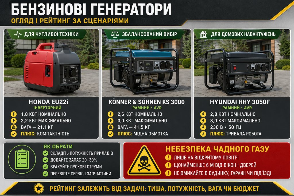 Інфографіка з порівнянням бензинових генераторів Honda, Könner & Söhnen і Hyundai для різних домашніх потреб
