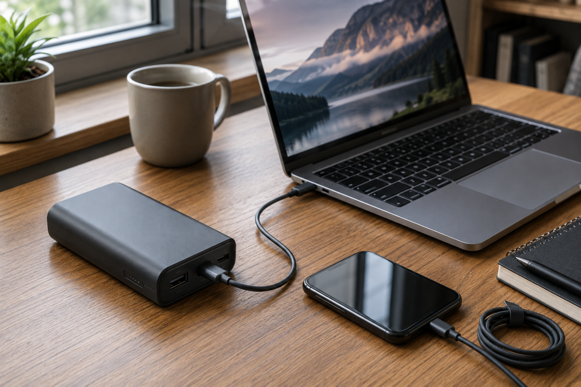 Потужний павербанк підключений до ноутбука через кабель USB-C для автономного заряджання