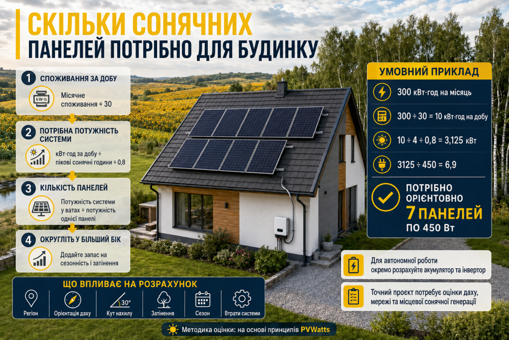 Інфографіка з прикладом розрахунку кількості сонячних панелей для приватного будинку залежно від споживання електроенергії