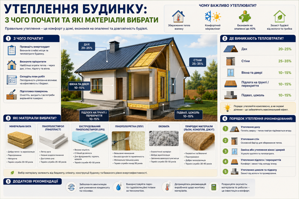 Детальна інфографіка про утеплення приватного будинку, основні зони тепловтрат, теплоізоляційні матеріали та етапи робіт.