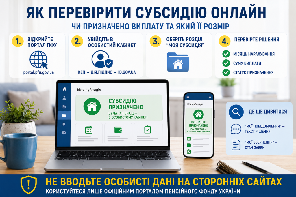 Інфографіка з покроковою інструкцією, як перевірити призначення та розмір субсидії онлайн через портал Пенсійного фонду України