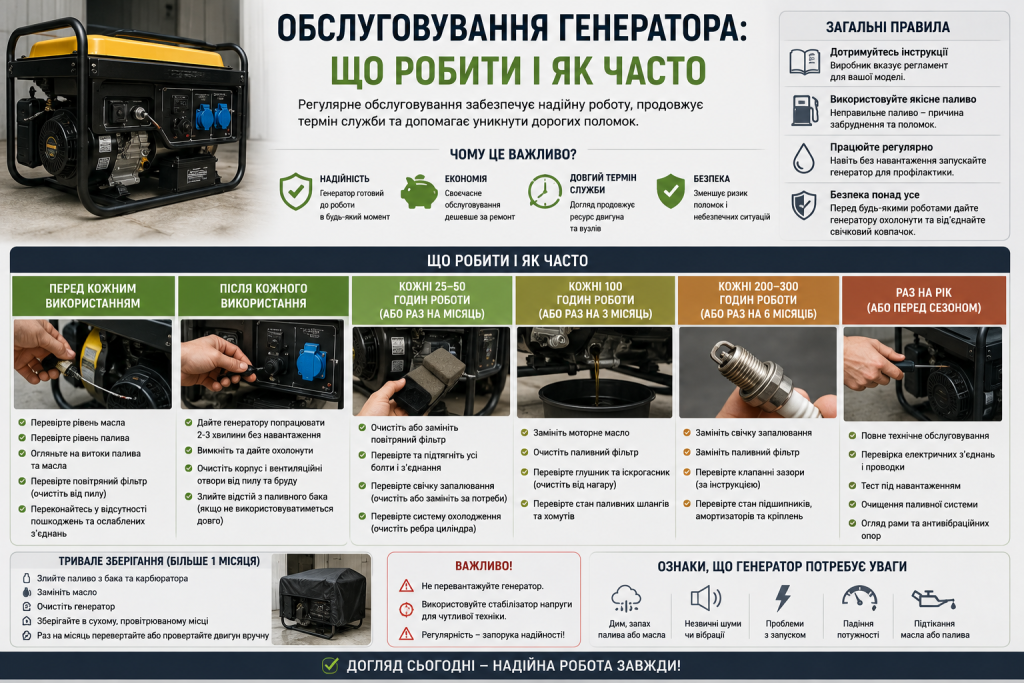 Інфографіка про регулярне обслуговування генератора, перевірку масла, фільтрів, свічки запалювання та основні правила догляду.