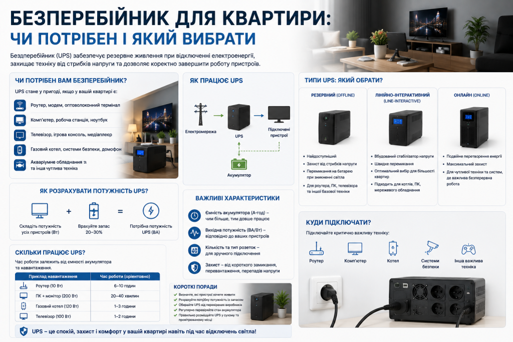 Інфографіка про вибір безперебійника для квартири, типи UPS, потужність, час роботи та підключення техніки