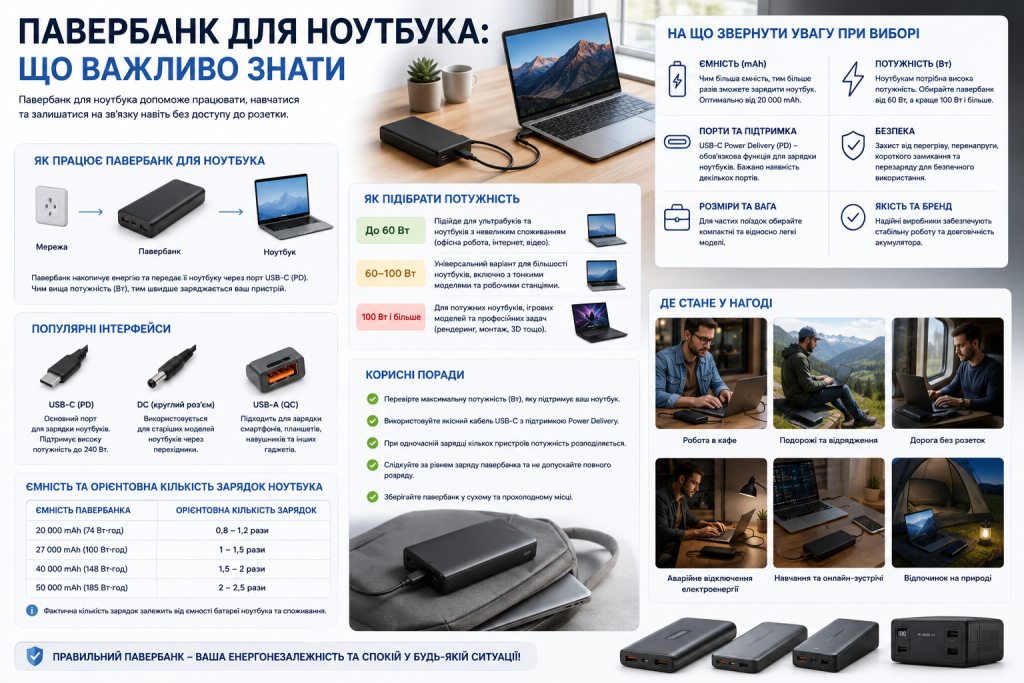 Інфографіка про вибір павербанка для ноутбука за потужністю, ємністю, портами та підтримкою USB-C Power Delivery