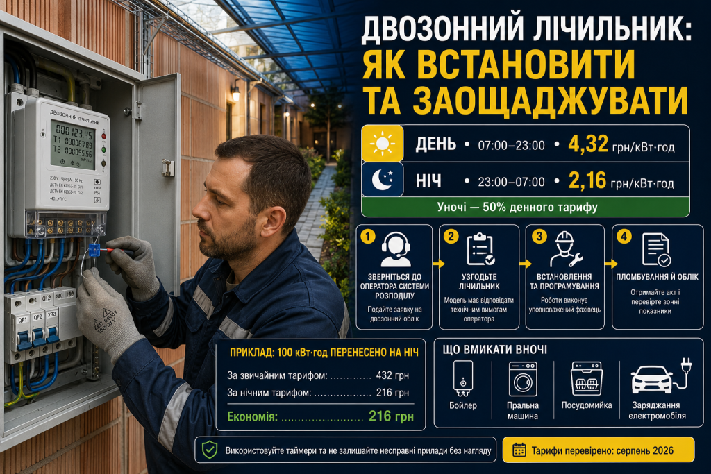 Інфографіка про встановлення двозонного електролічильника, денний і нічний тарифи та способи економії електроенергії