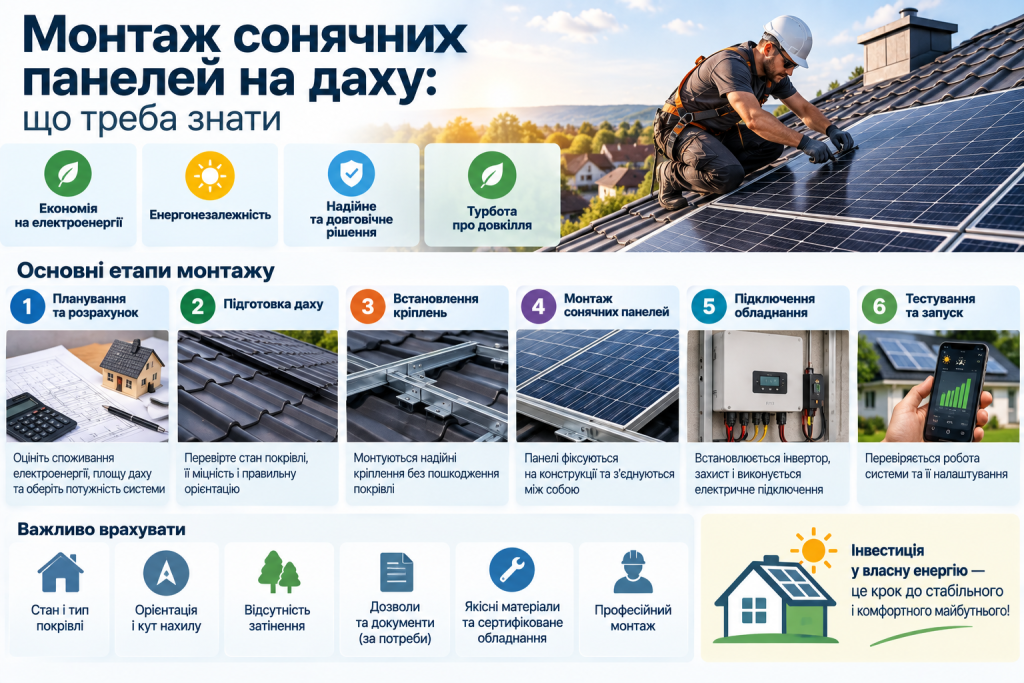 Інфографіка з основними етапами монтажу сонячних панелей на даху приватного будинку.