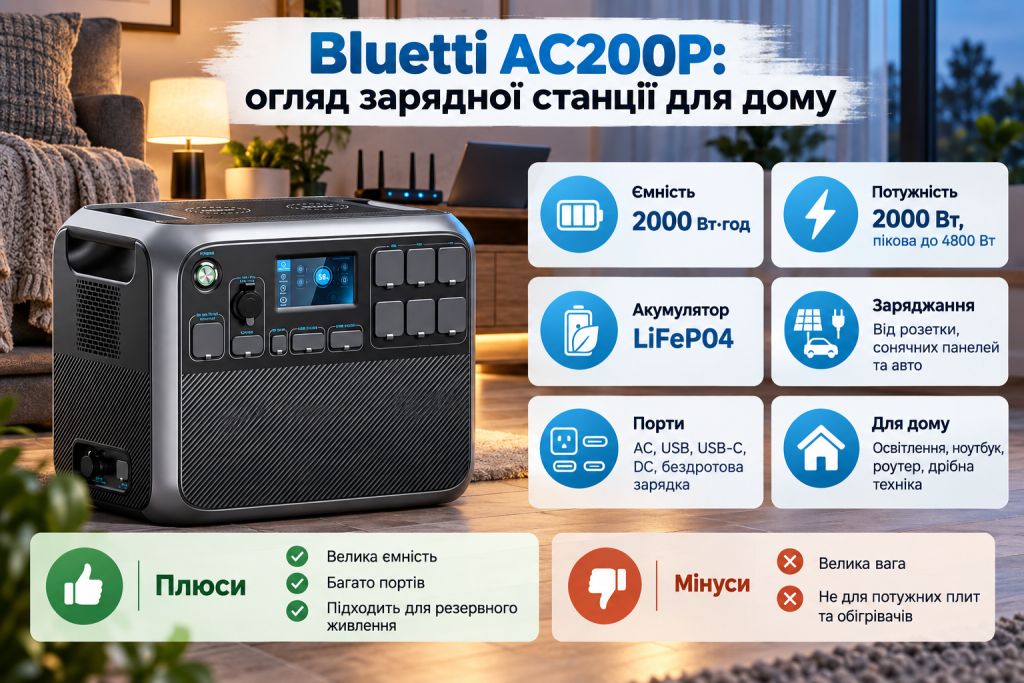 Інфографіка з оглядом зарядної станції Bluetti AC200P: ємність акумулятора, потужність, способи заряджання, доступні порти, переваги та недоліки.