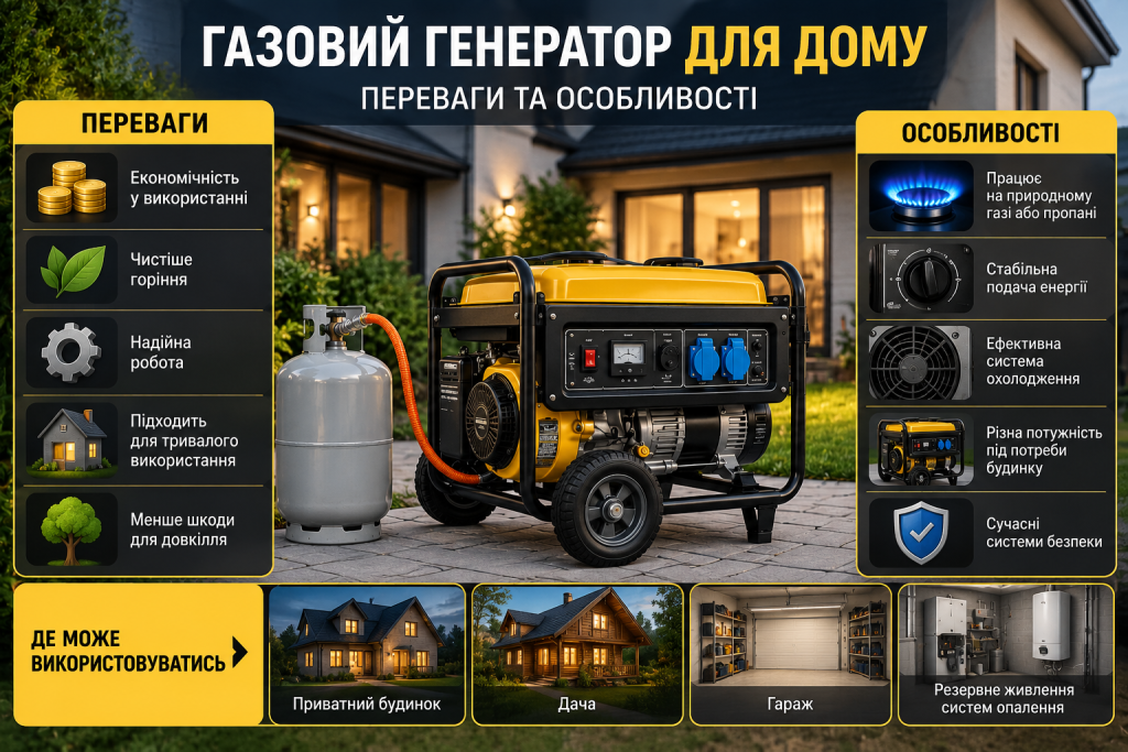 Інфографіка про газовий генератор для дому з перевагами, особливостями роботи та варіантами використання