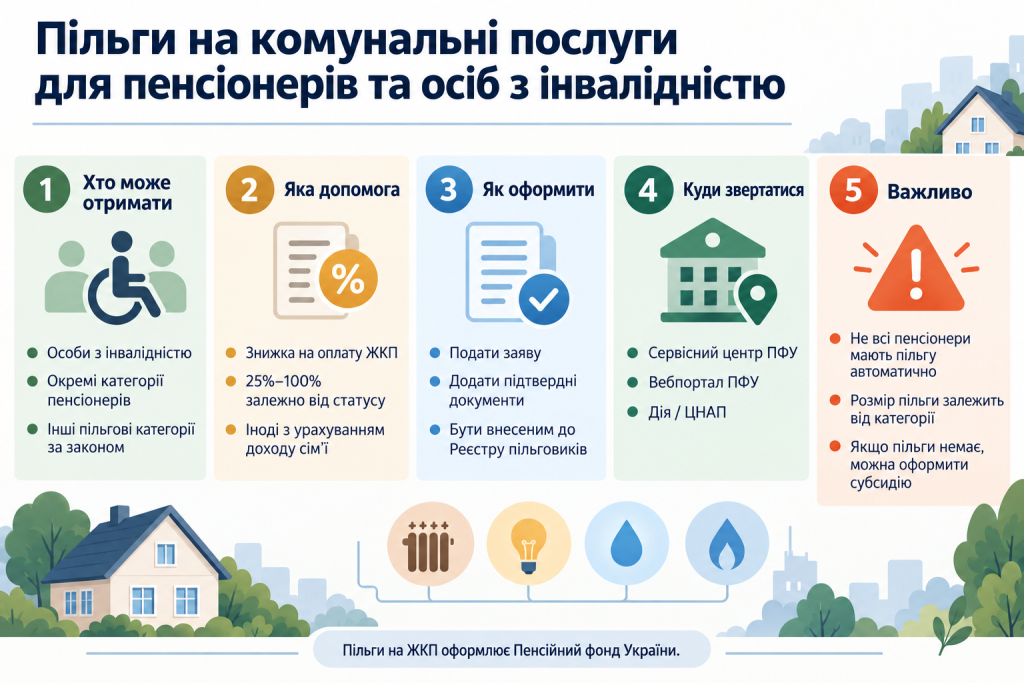 Інфографіка про пільги на комунальні послуги для пенсіонерів та осіб з інвалідністю, умови отримання, оформлення та розмір допомоги.
