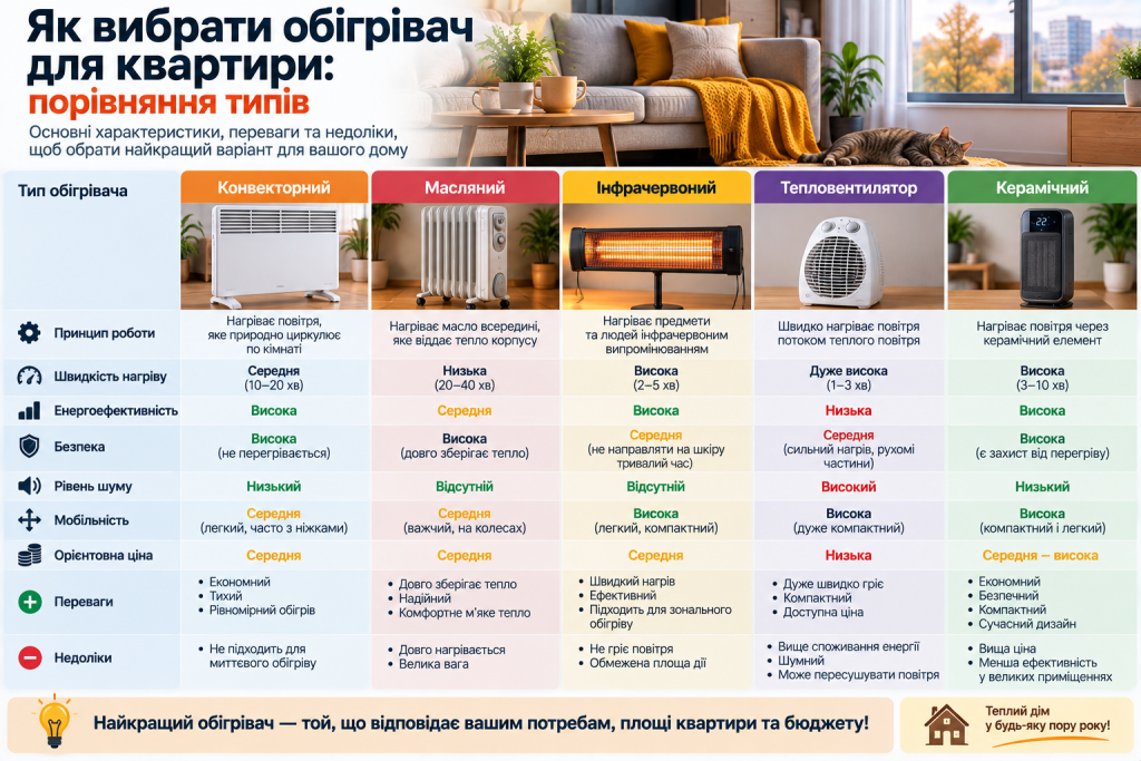Інфографіка з порівнянням конвекторного, масляного, інфрачервоного, керамічного обігрівачів і тепловентилятора.