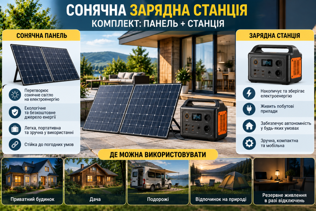 Інфографіка про сонячну зарядну станцію з портативними панелями, її можливості та сфери використання