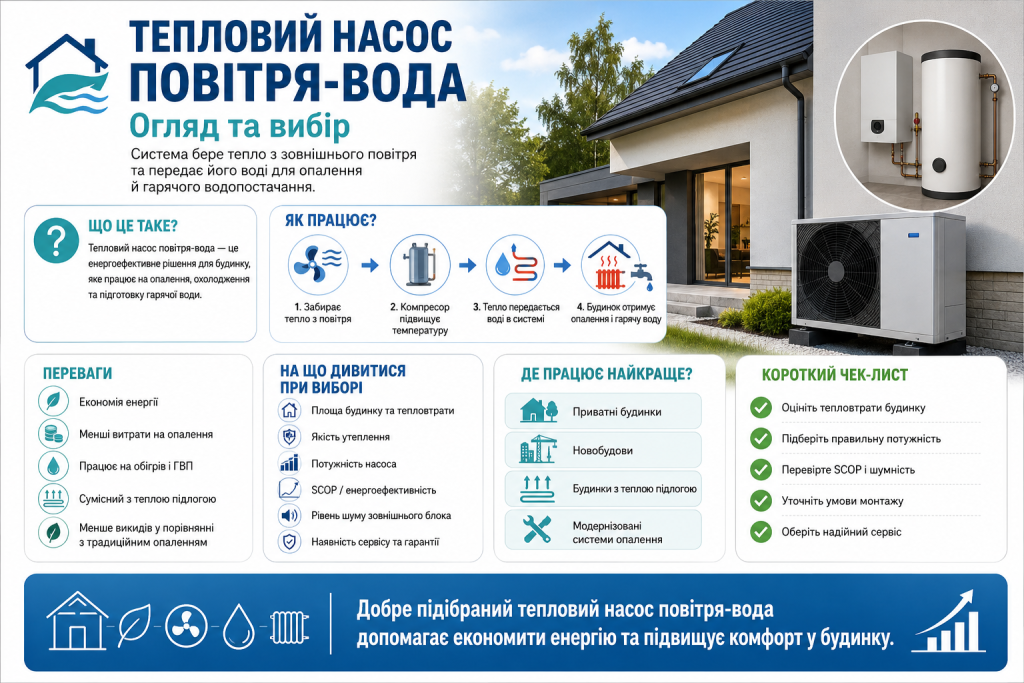 Інфографіка про тепловий насос повітря-вода, принцип роботи, переваги та критерії вибору системи