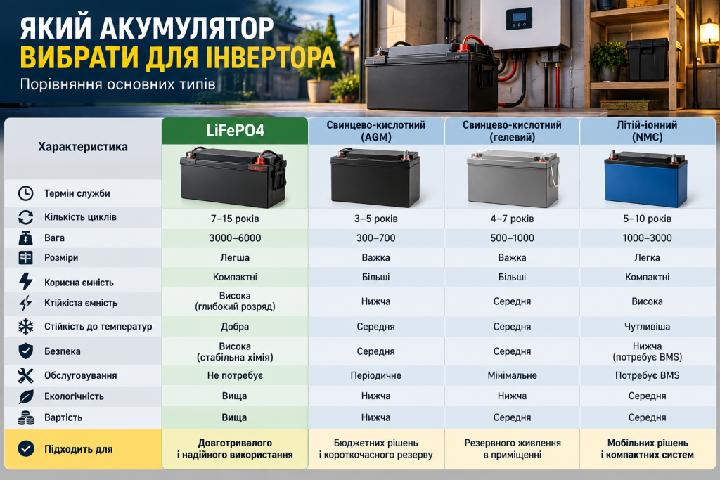 Таблиця порівняння LiFePO4, AGM, гелевих і літій-іонних акумуляторів для інвертора за основними характеристиками