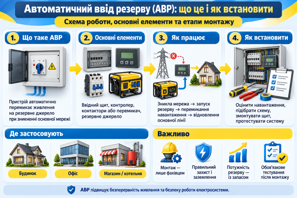 Інфографіка про автоматичне введення резерву електроживлення, основні компоненти системи АВР, принцип перемикання та етапи монтажу.